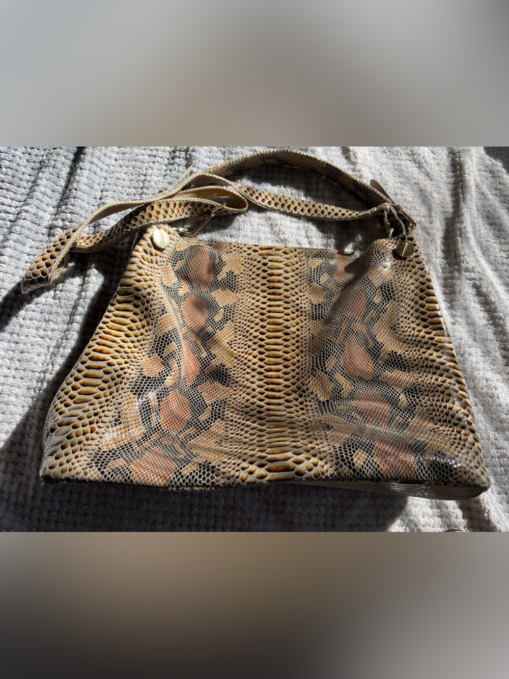 Snake-Print Leather Crossbody Bag in Brown and Tan